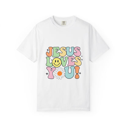 Jesus Loves You T-Shirt — Retro Daisy Smiley Faith Tee