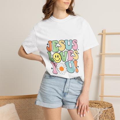 Jesus Loves You T-Shirt — Retro Daisy Smiley Faith Tee