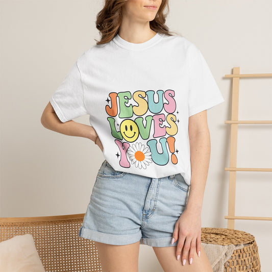 Jesus Loves You T-Shirt — Retro Daisy Smiley Faith Tee